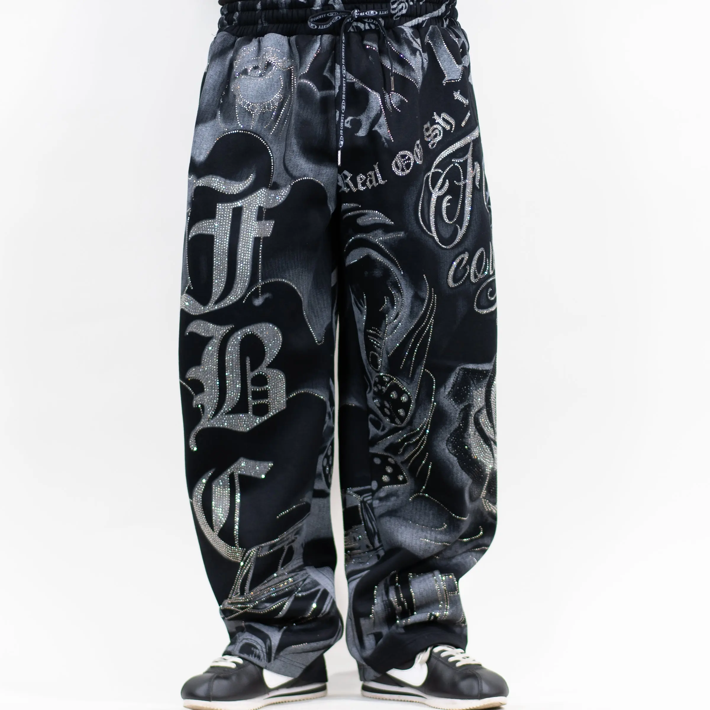 FB County Rhinestone Tatted Up Sweatpant Casual Beach Pants Casual Loose Fit