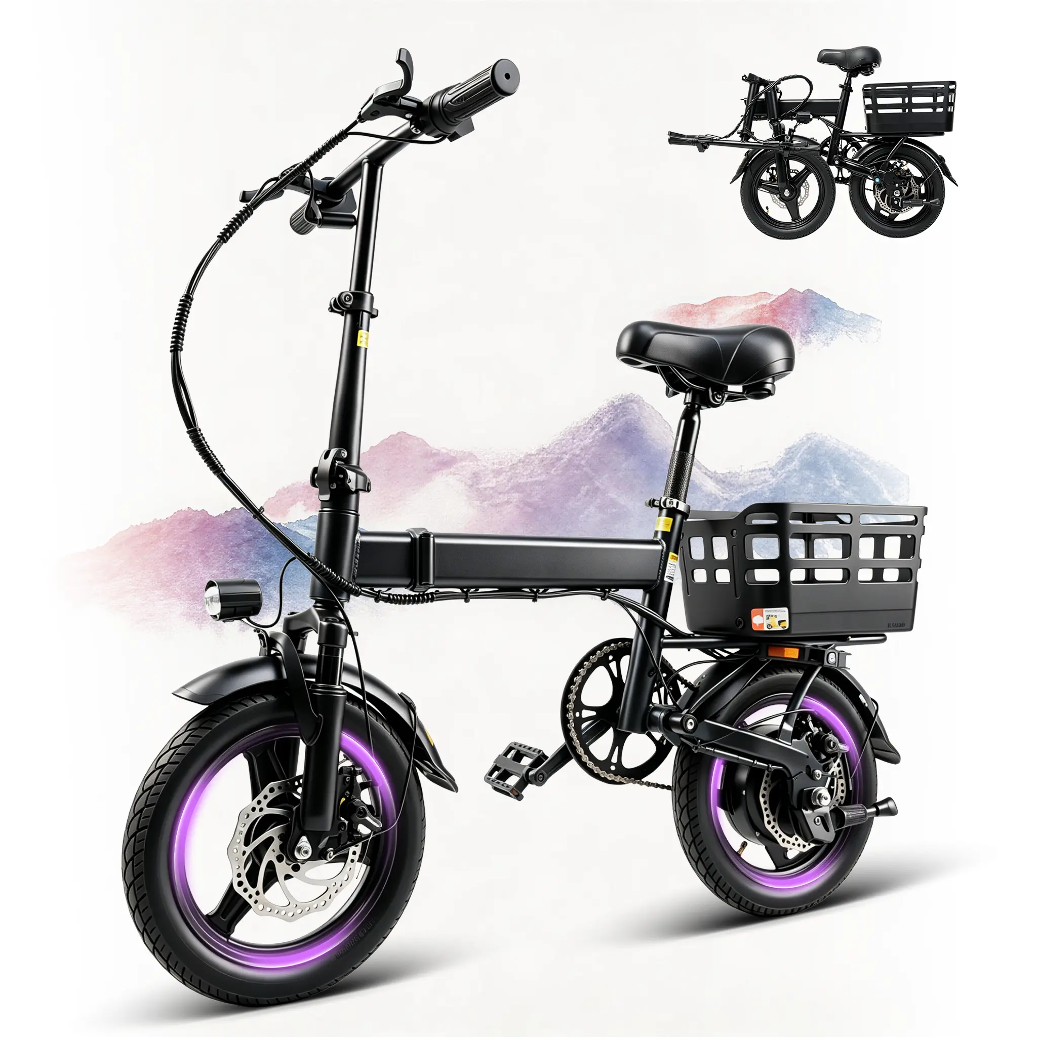 500W Peak Power Mini E-Bike, 18MPH Speed, 20 Mile Range, 36V 12Ah battery, 3 Riding Modes, 14” Folding E-Bike For Adults & Teens, City Commuter with Rear Basket, UL 2849 Certified