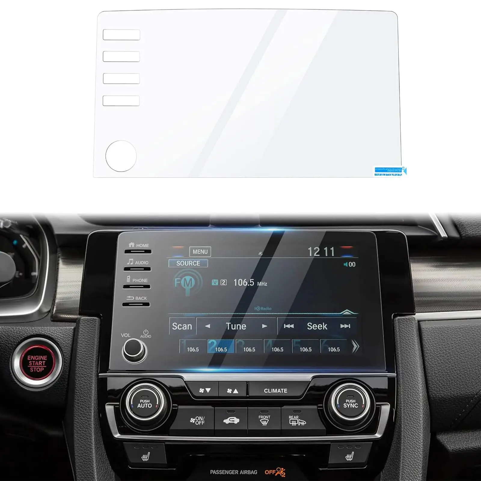 Canvcle Custom Fit 9H Tempered Glass Screen Protector for 2019-2021 Honda Civic LX, EX, Touring, Si, EX-L 4-Button Navigation Touchscreen, Water & Grease Resistant Car Interior Accessory with Smooth Installation, Strong Protection, High Definition, Water,
