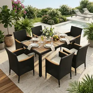 【3 Packages】Costoffs 7-Piece Outdoor Dining Set with Wooden Table and 6 Rattan Armchairs, 300lb Capacity per Chair for Patio and Backyard