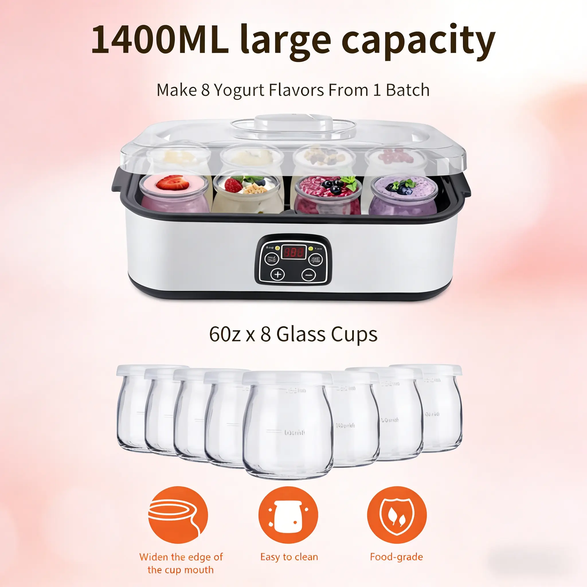 Simple Homemade Yogurt Maker 110V - 8-Cup 8 Glass Cups + 5 Bonus Tools: Jam Spreader, Bottle Opener, 1400ML Large Capacity, Food-Safe Materials, Adjustable Sugar Content, Organic Milk Ready kitchen appliances