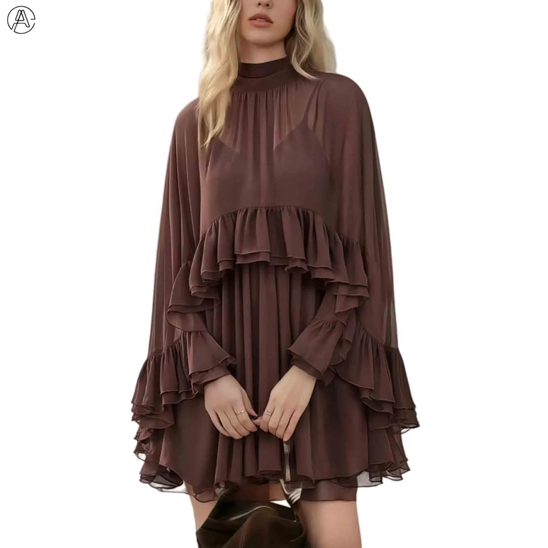 Arssm Women’s Chiffon Ruffle Dress – Semi-Sheer Cape Overlay Flowy Elegant Dress for Vacation, Party & Summer Occasion Wear