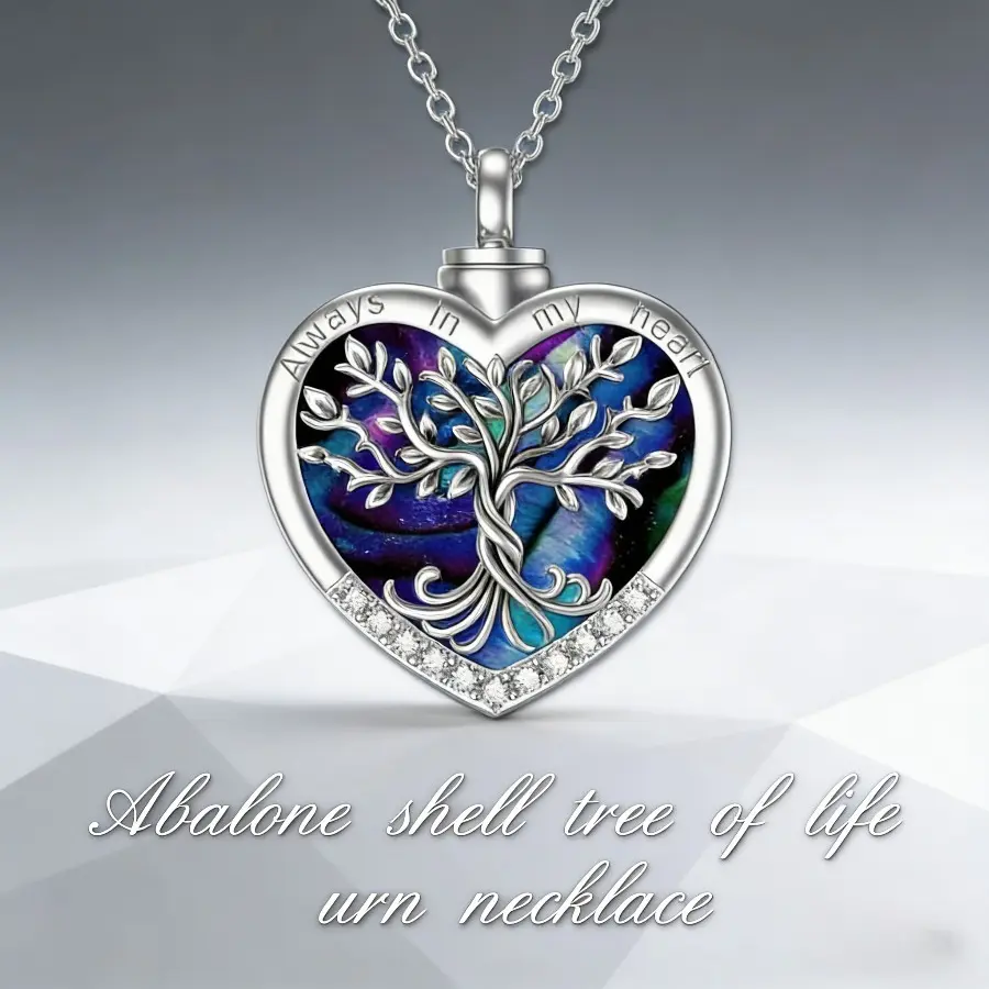 Heart Tree Life Urn Pendant Easter Memorial Necklace - Abalone Shell & Stainless Steel Short Chain - Cremation Jewelry for Memorial Emotional Significance Eternal Love