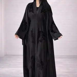 Butterfly Style Dubai Abaya - Elegant Design with Green Embellishments and Hooded Neckline