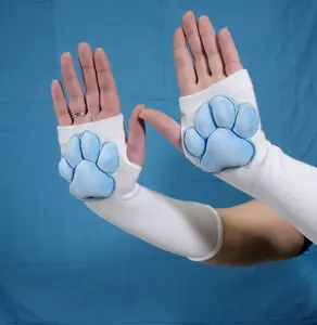 White Plush Cat Paw Fingerless Gloves – Blue Soft Squishy Paw Pads