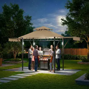 13x4 ft Grill Gazebo with Double-Tier Roof, Outdoor Pavilion Canopy, Side Awning Shelves, 4 LED Lights, 10 Hooks, Bottle Opener, Heavy Duty Steel Frame