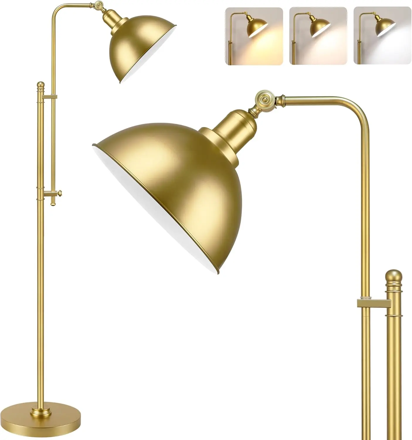 Industrial Floor Lamp Adjustable, Rustic Farmhouse Reading Lamp in Aged Gold Finish, Modern Standing Lamp with Remote Control Metal Shade for Living Room Bedroom Study Room Office Hotel
