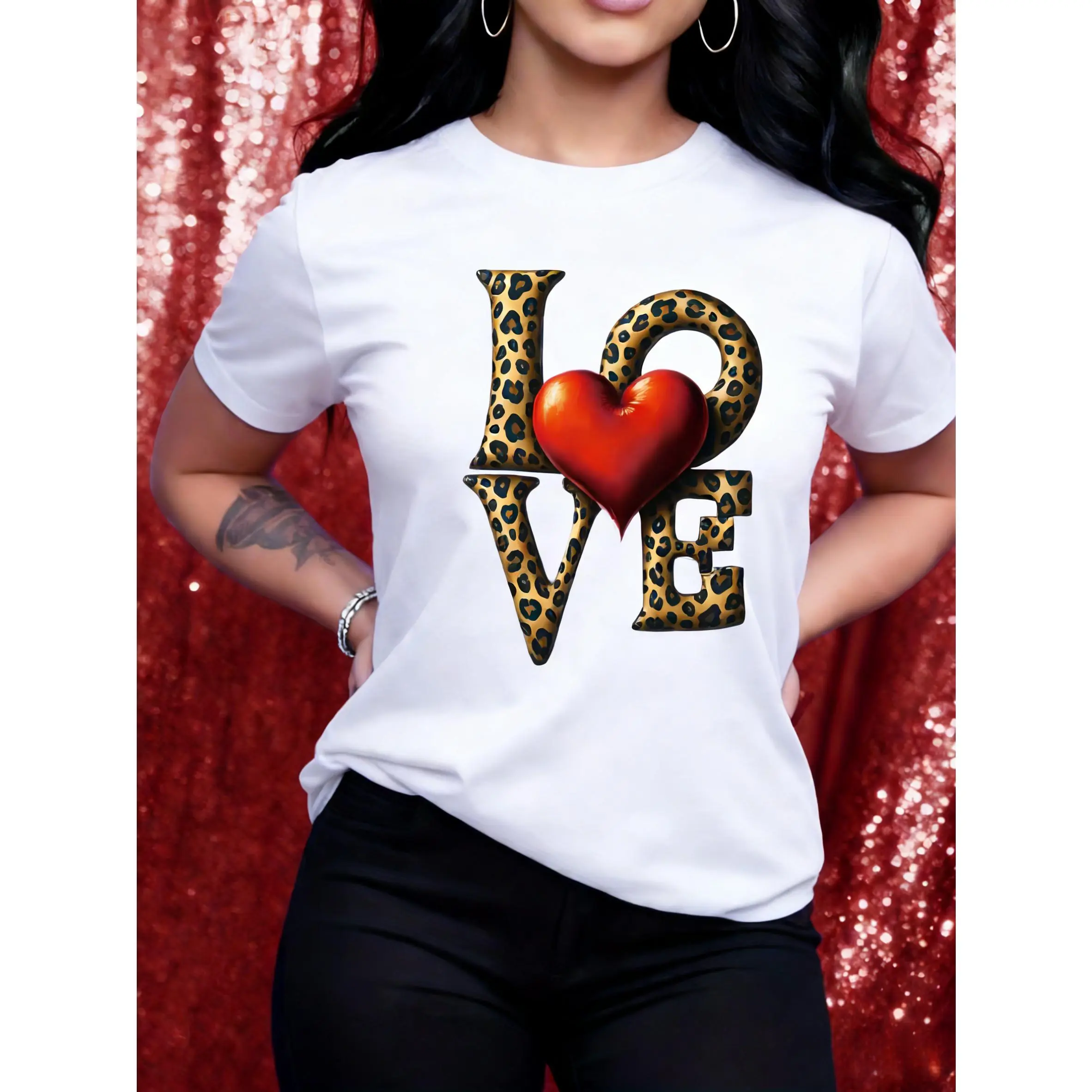 100% pure cotton, available in multiple colors, unique love pattern short-sleeve round-neck casual T-shirt, suitable for outdoor and indoor wear, Valentine's Day gift, birthday gift, women's clothing gift