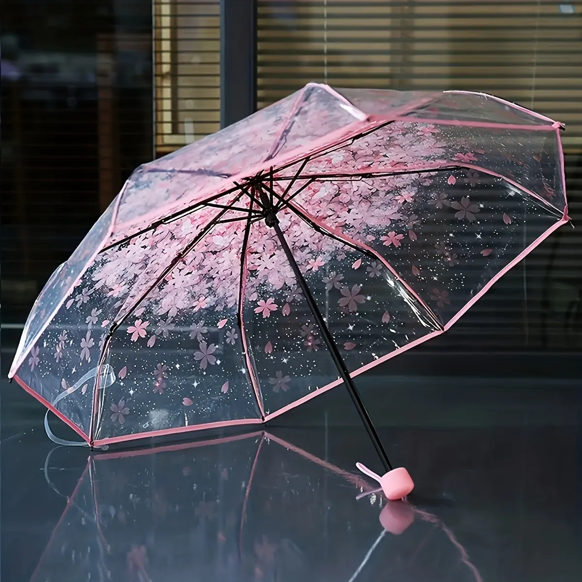 1pc Transparent Cherry Blossom Pattern Folding Umbrella, Foldable Umbrella, 8-Rib Lightweight Portable Manual Open Umbrella with Floral Design for Men & Women, Outdoor Travel & Daily Use, Durable Canopy, Clear Umbrella