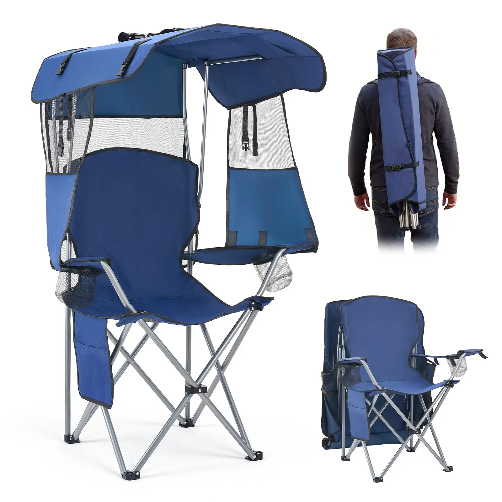 VEVOR Oxford Fabric Folding Chairs for Camping with Sun Protection Canopy, Heavy-Duty Frame Supports 330lb, Converts to Wearable Backpack for Adults