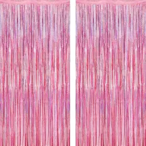 2 Pack Glitter Pink Backdrop, 3.28 FT x 7.05 FT Birthday Party Decorations, Laser Pink Fringe Curtains Foil Streamer Tinsel, Pink Curtains Photo Backdrop Happy Birthday Valentines Day Backdrop