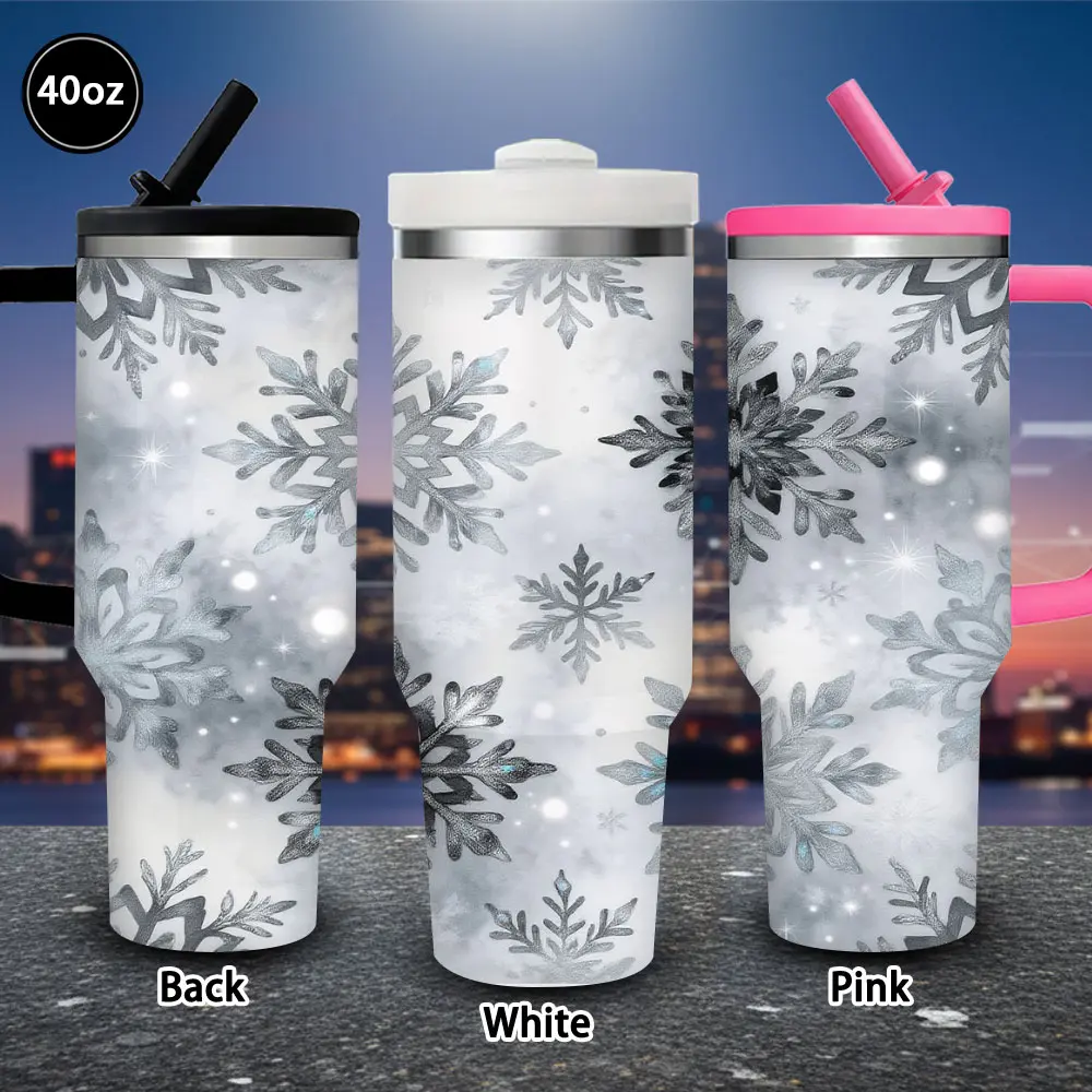 40 oz Insulated Sparkling Tumbler with Snowflake Pattern, Lid, Straw & Vacuum Flask Design, Winter Travel Mug, Ideal Gift for Women, Perfect for Valentine’s Day, Birthdays, Hot/Iced Coffee, Flasks