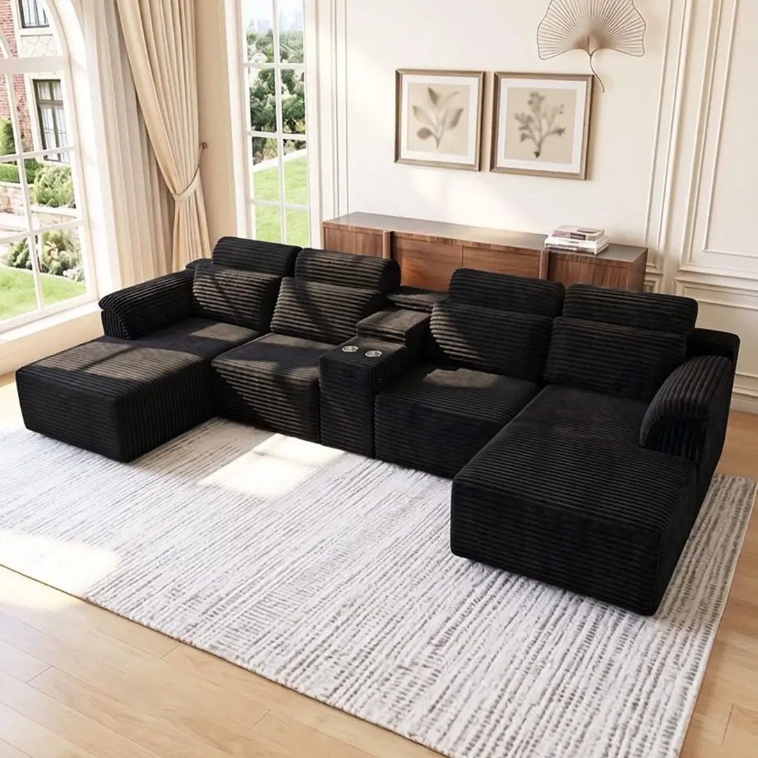 145'' U-shaped cloud modular sofa, modern and comfortable oversized frameless sofa, suitable for living room, equipped with cup storage, soft velvet sectional sofa set couches Adjustable Sleeper Plush Chaise Lounge bedroom