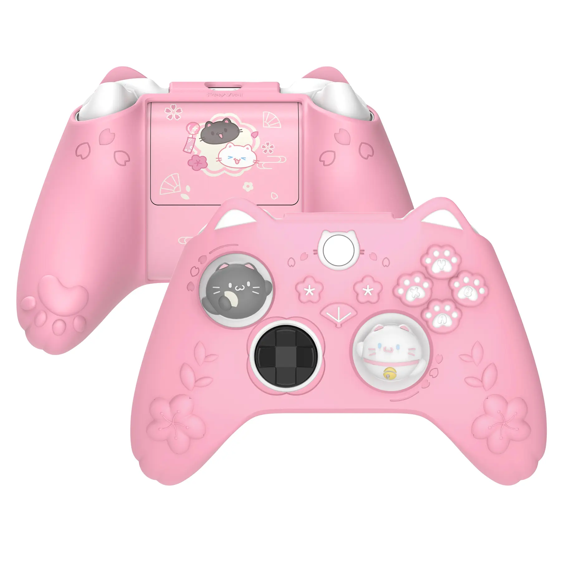 PlayVital Cute Flexible Silicone Console Controller Skin for Xbox Series X/S, 1914 Core Wireless Controller Accessories - Cherry Blossoms Kitten Anti-slip Grip Protector (Includes Thumb Grips & Sticker) - Pink, Console Controller Accessories
