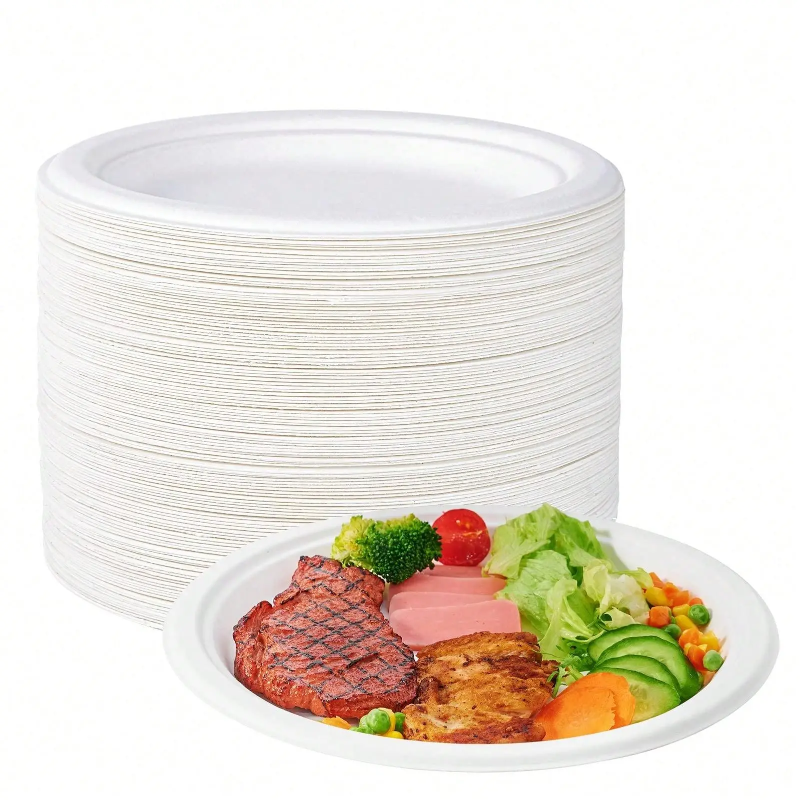100% Compostable 10-in Heavy Duty Sugarcane Bagasse Plates, 150 Pcs Pack Disposable Dinnerware for Dinner Parties (White)