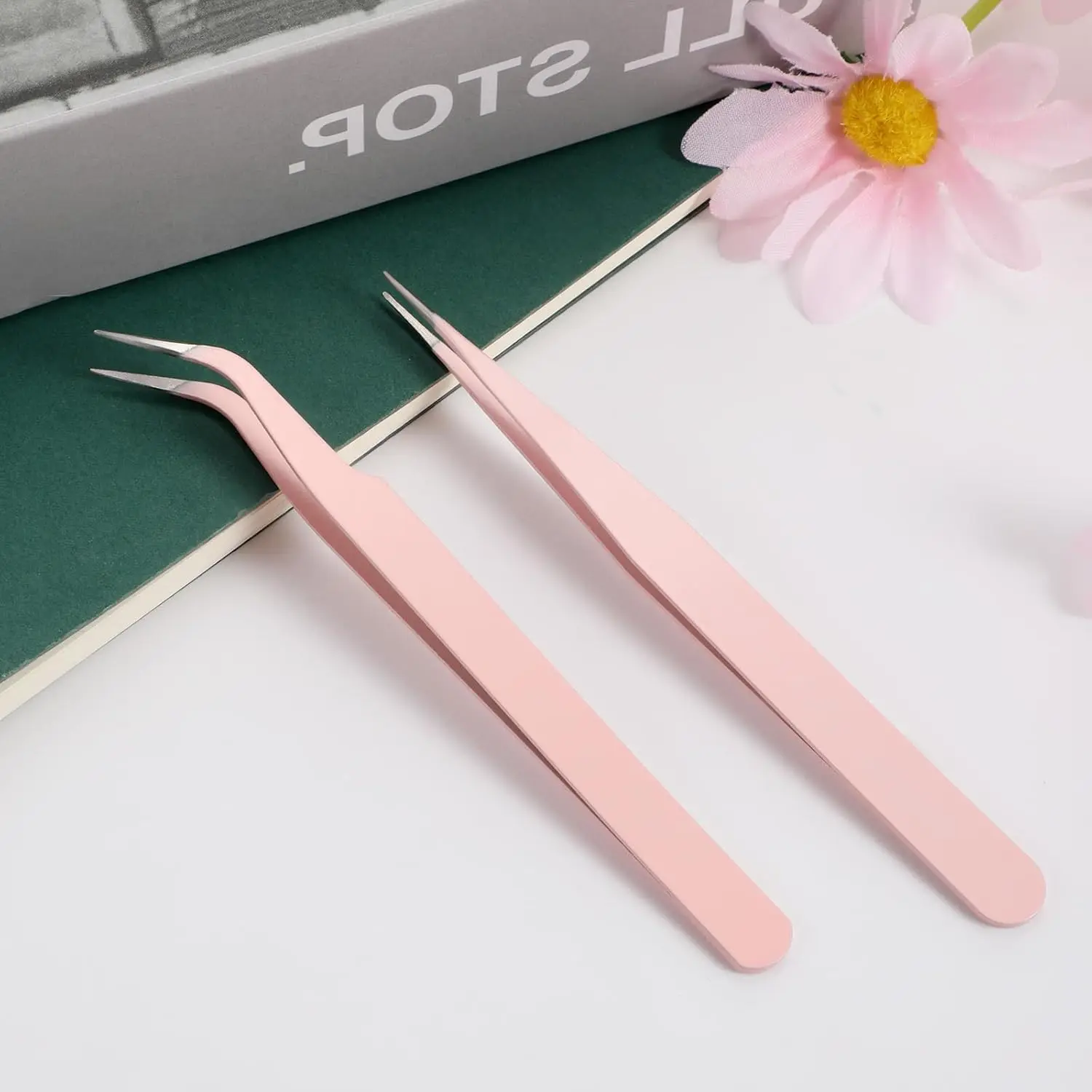 Eyelash Tweezers, Eyelash Extension Tweezers, 2pcs Stainless Steel Lash Cluster Tweezers, Straight and Curved Tip Tweezers for Apply Eyelash, Nail Art Sticker, Cosmetic Makeup Tool, Eyelash Glue Tweezers, Eyelash Tools