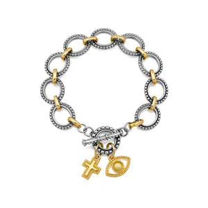 Aprilery Evil Eye & Cross Charm Bracelet – Two-Tone Textured Silver & Smooth Links, Toggle Clasp, Eye-Catching Design, Ideal for Daily Wear/Formal Occasions, Must-Have Fashion Jewelry, Trendy Daily Jewelry Gift For Easter