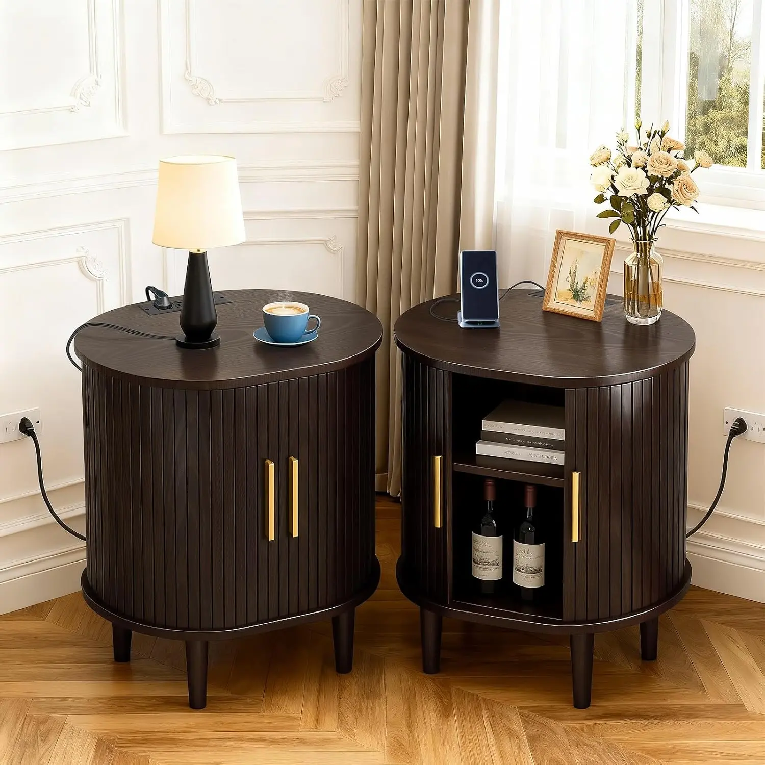【Small End Table】DHH 1-Piece Dark Walnut Oval Mid-Century Modern Fluted Wood Power Hub, Charging Station & USB Ports, Tambour Sliding Door Hidden Storage, Modern Accent Table, Contemporary End Table, Clean Aesthetic, Minimal Chic for Bedroom, Living Room