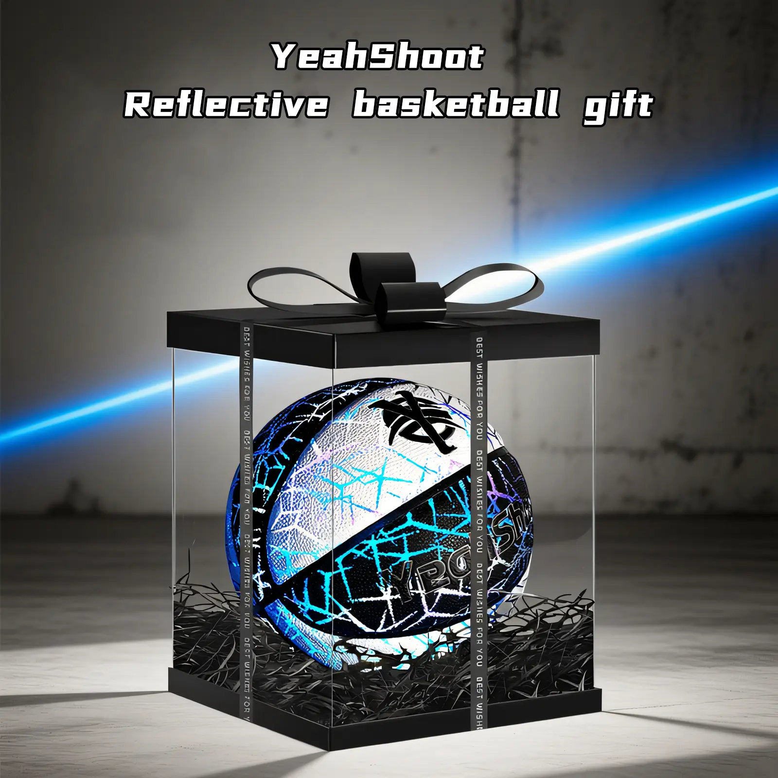 YeahShoot Professional No.7 PU Material Basketball - Holographic Reflective, Glowing, Luminous Ball, Scratch-Proof, Wear-Resistant, Excellent Grip, All Court Suitable, Night Game Brightness, Full Air Pump, Luxury Gift Box