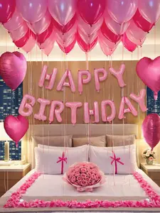 247PCS Pink Happy Birthday Balloon Decorations – Letter Balloon Banner, Heart Foil Balloons & Pink Rose Petals for Birthday Party Backdrop Decor
