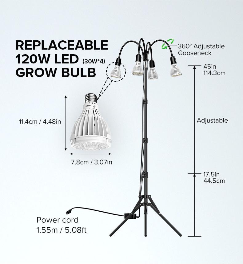 SANSI Grow Light with Adjustable Tripod Stand, Full Spectrum 700W Equiv. LED Floor Plant Light for Indoor Plants, 9000LM 4000K Daylight Grow Lamp with Replaceable Bulbs for High PPFD Growing