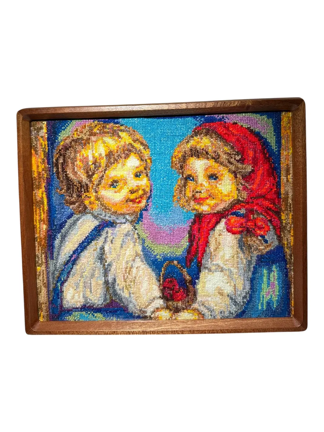 Embroider Picture Masha and Ivan Acrylic Hand-Embroidered Painting on Canvas with Small Cross-Stitch Technique 8x10 Inches Framed Artwork