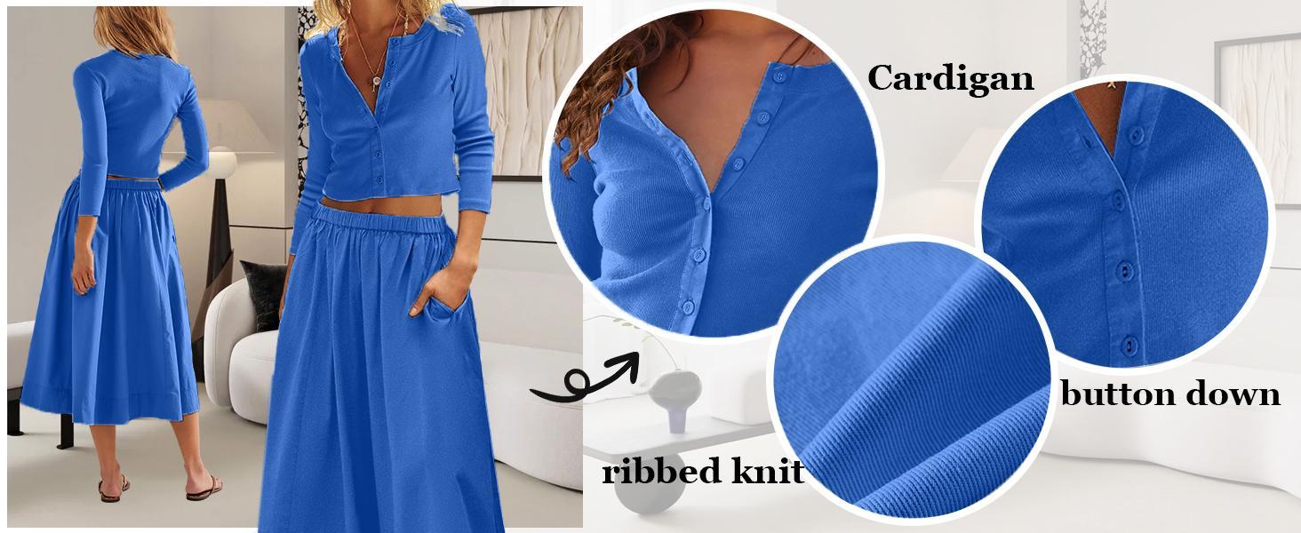 Showyg Women's Casual Ribbed 2-Piece Sets - Round Neck 3/4 Sleeve Button-Down Cardigan, Fitted Long Skirt Matching Outfit, Women's Clothing Sets, Two Piece Sets Women