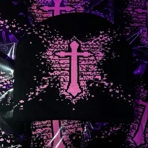 Pink Pixel Cross Beanie - Y2K Streetwear