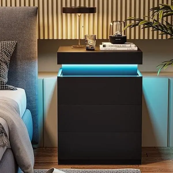 Sikaic LED Nightstand with Charging Station, 3 Drawer Bedside Table with Sliding Top Drawer and USB Ports for Bedroom Furniture,dorm essentials,home decor