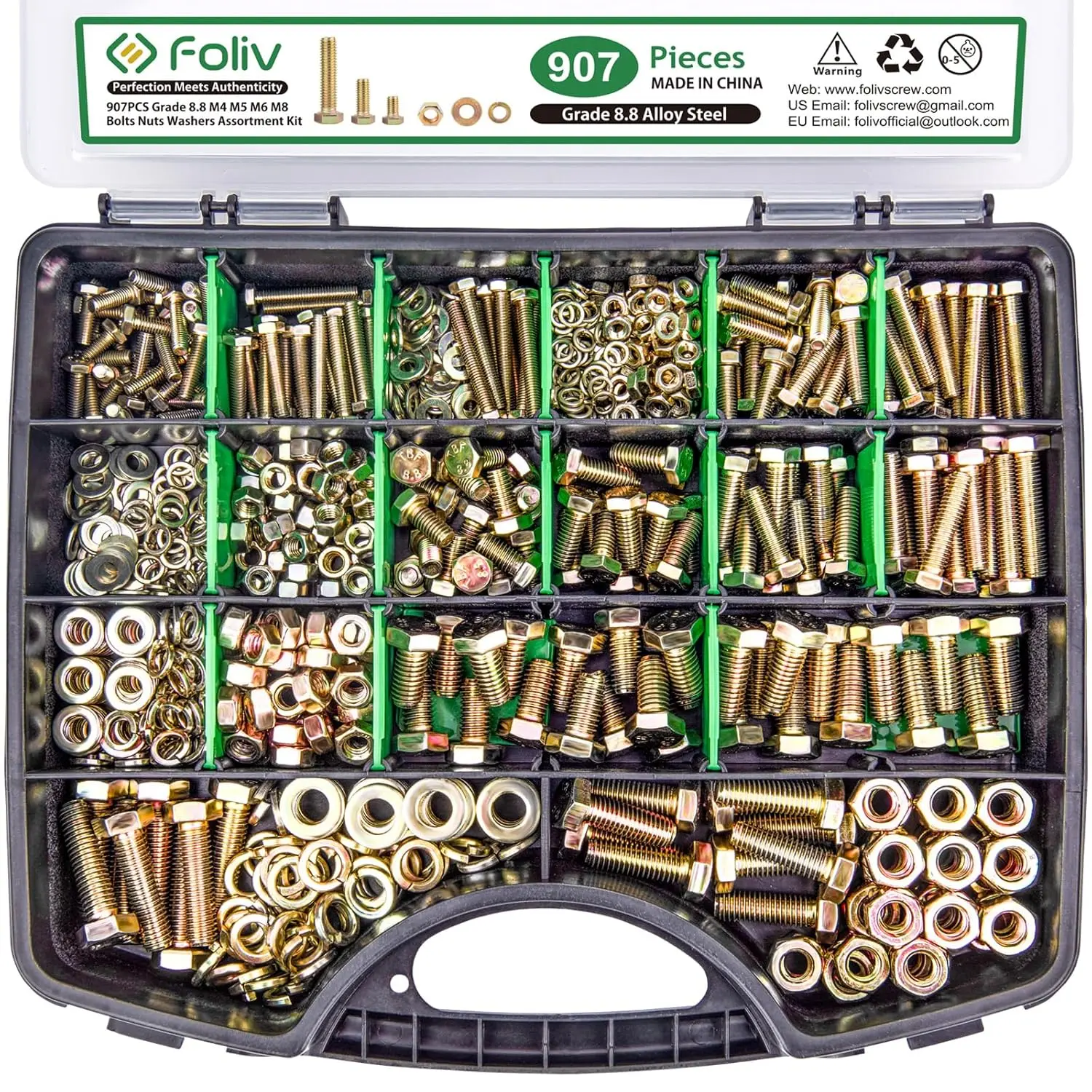 FOLIV 907 pcs Grade 8.8 Metric Bolt Assortment, M4 M5 M6 M8 Heavy Duty Bolts and Nuts Kit, Yellow Zinc Plated, Length from 12-30mm ver  x  bolts