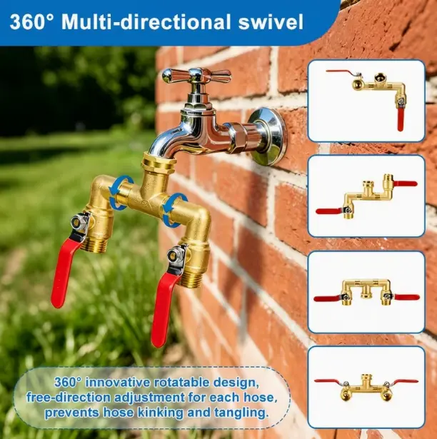 POMEADE  Hose Splitter 2 Way Heavy Duty Brass Garden Hose Splitter with 360° Rotatable, 304 Stainless Steel Long Handle Outdoor Full Flow Hose Splitter Connector, 3/4" GHT Thread