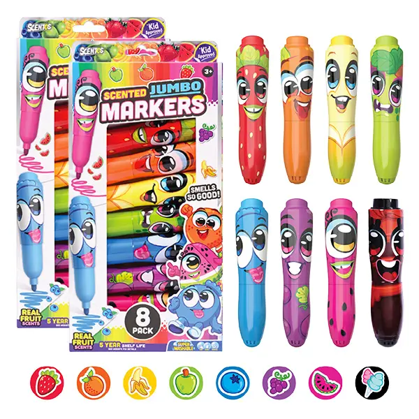 Scentos Jumbo Scented Art Markers Kit for Kids - 8-Pack Fruit Fragrances, Super Washable, Non-Toxic, Chunky Design for Little Hands, Less Mess Creative Products, Kid-Approved School Supplies Set