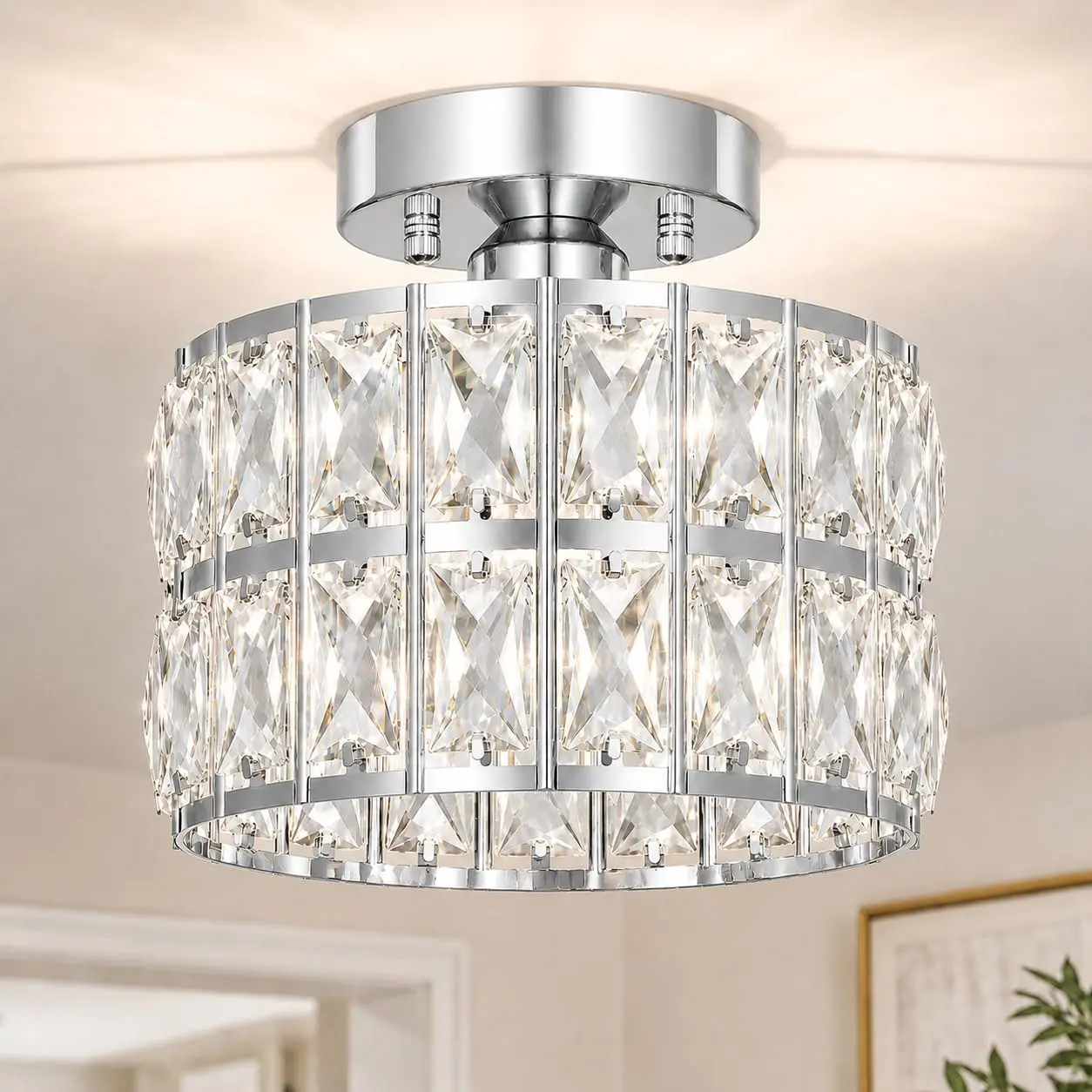 Lxybcce 1-Light Modern Chrome Crystal Semi-Flush Mount Chandelier Light, 8.8in Round Indoor Ceiling Fixture with Crystal Accents, LED Compatible for Kitchen, Entryway, 8.8 In, Kitchen Lamp, Home Lighting