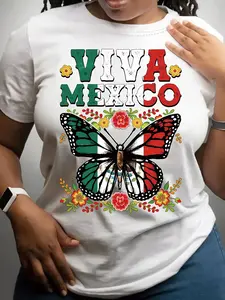 Women'S Short-Sleeve Round-Neck Casual Top with a Butterfly Print of The Mexican Flag, Suitable for Summer And Spring