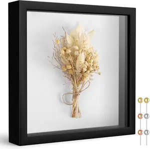 pop century shadow boxes 8x8 Shadow Box Frame with Soft Linen Back - Push Pins Included, Memory Box Display Case for Flower, Tickets and 3D , Black