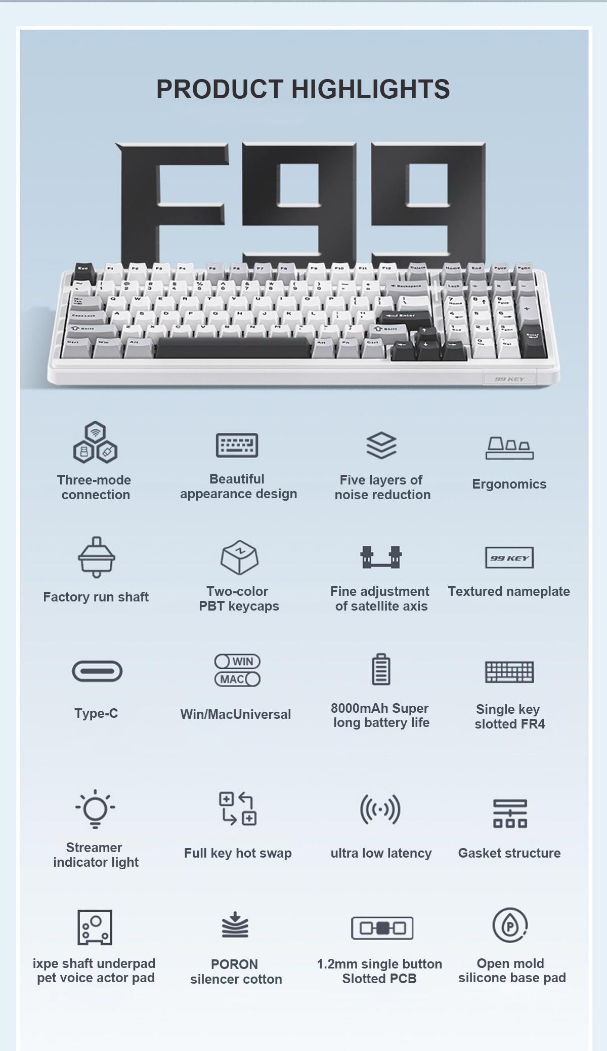 AULA F99 Tri-Modes Wireless Mechanical Gaming Keyboard, 2.4G Bluetooth Compatible Gasket Hot Swappable Custom Keyboard,Pre-lubed Linear Switches,Ergonomic,RGB Rainbow Backlit Creamy  Keyboards Numpad Office Computer Accessories TikTokShopfalldealsforyou