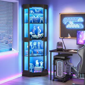 HOOBRO Corner Display Cabinet with Glass Doors, Corner Cabinet with 3 Color LED Lights, Curio Storage Cabinet with Adjustable Shelves, Bookcase, for Living Room, Hallway, Bedroom, Black#SpringSale #BigSpringSale