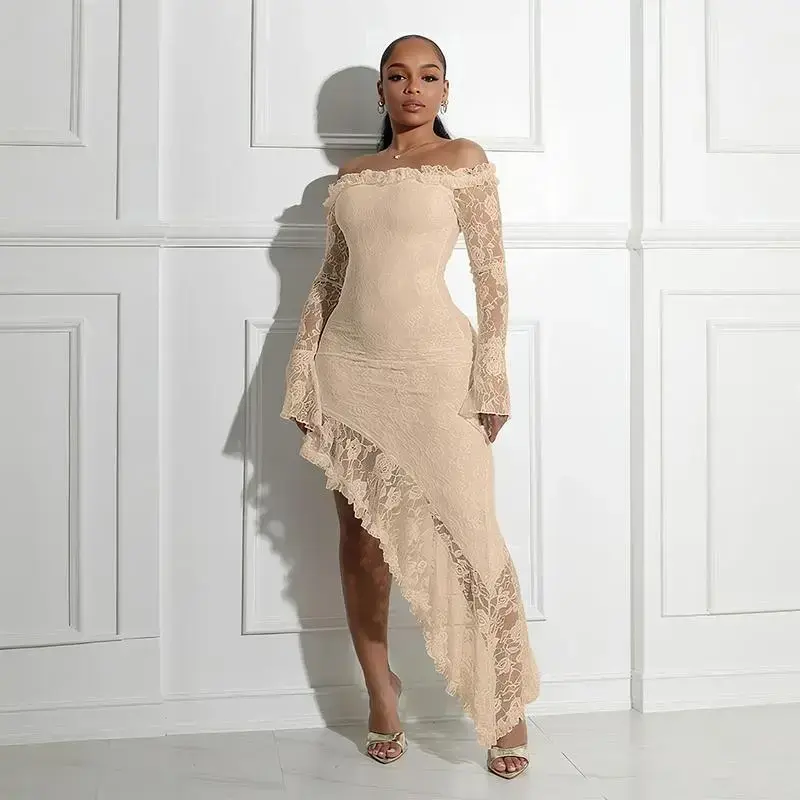 chinese dress ladies Womens Lace Long Sleeve V Neck Fall Maxi Dress, Large 12-14 / Beige