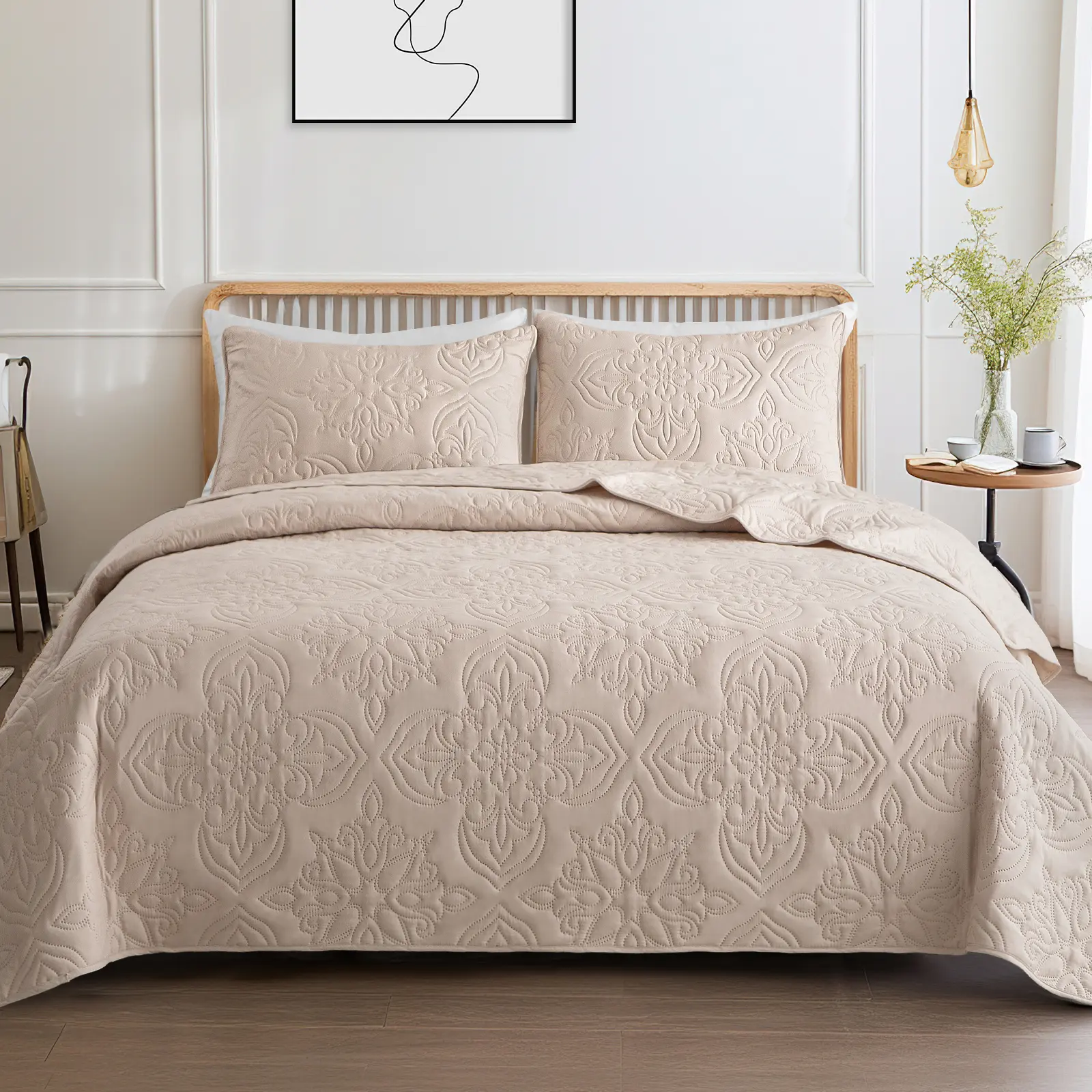【backtoschoolday】Whale Flotilla Soft Quilt Bedding Set for All Seasons, Vintage Damask Ultrasonic Quilts Set, Lightweight Reversible Bedspread,Bed Cover with 2 Pillow Shams for Cal King/King/Queen Size,1 Pillow Sham for Twin Size, soft microfiber bedroom