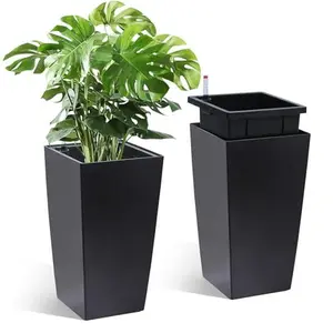 16 in Tall Planters Set of 2, Outdoor＆Indoor Black Planter Pots, High Front Porch Planter Pots with Drainage Holes＆Water Level Monitor＆Inner Bucket, Automatic Watering,Black