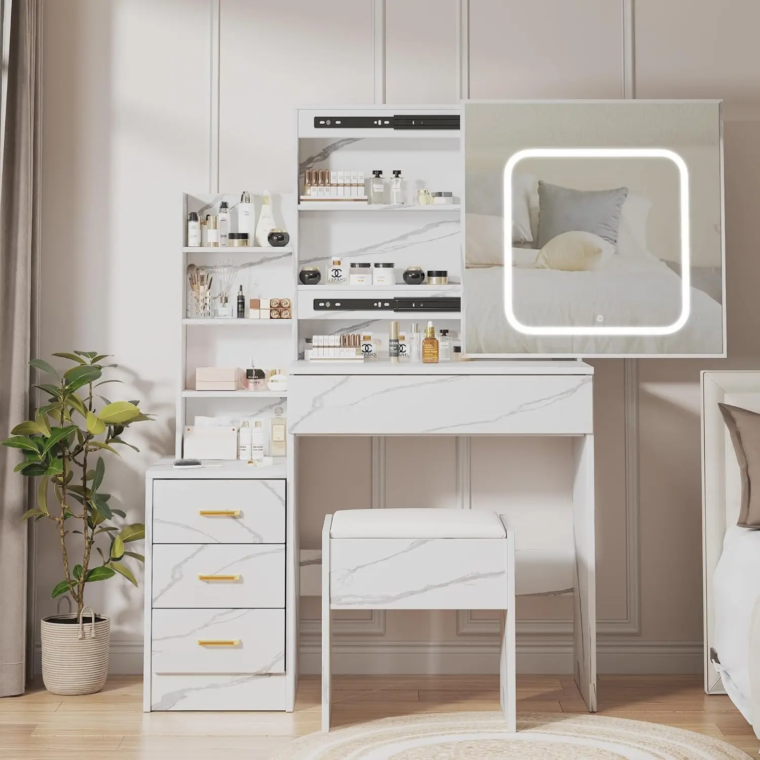 Vanity Desk With Mirror and LED Lights, Marble-White Makeup Vanity Desk With Sliding Mirror, Power Outlet, 3 Color Adjustable Light, Dressing Table With 4 Drawers, Storage Shelves & Stool for Bedroom