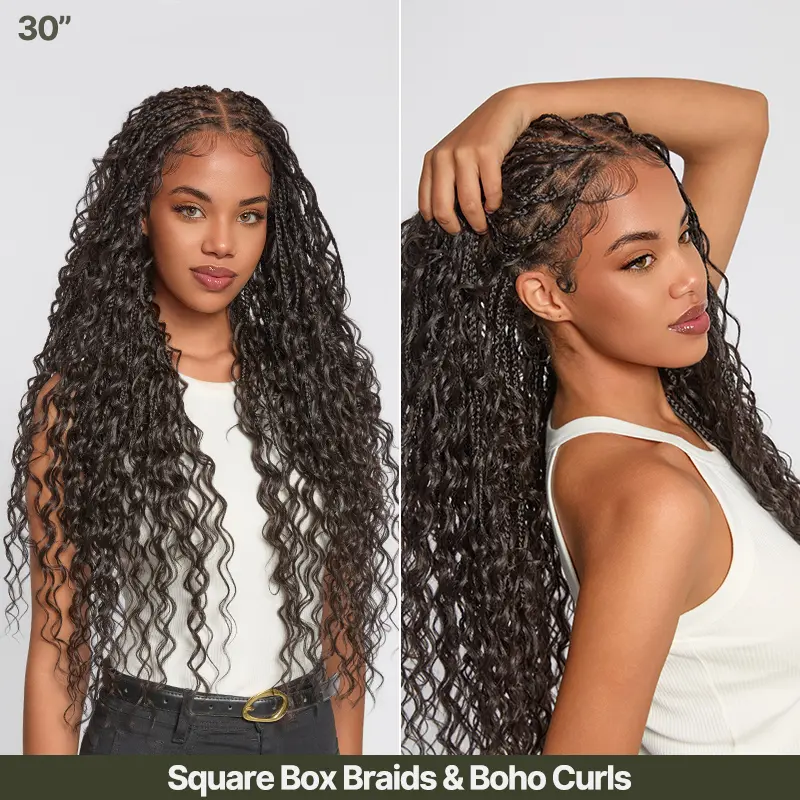 [Limited Deal] Frodio Veralux™ Fiber Full Lace Boho Braids Synthetic Box Braid Wig – Grid-Part Top with Mixed Boho Curls | Glueless, Pre-Cut Lace, Wear & Go