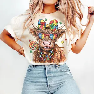 Austim Highland Cow Shirt, Autism Awareness Shirt, Coquette Bow Shirt, Autism Ribbon Graphic Shirt