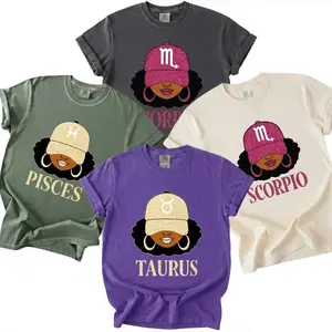 All 12 Zodiac Sign Comfort Colors T-shirts-Cute Zodiac Girl Astrology Tee for Scorpio, Pisces & Taurus, Trendy Glitter Hat Graphic Design, Soft Washed Coton Unisex Gift Womenswear