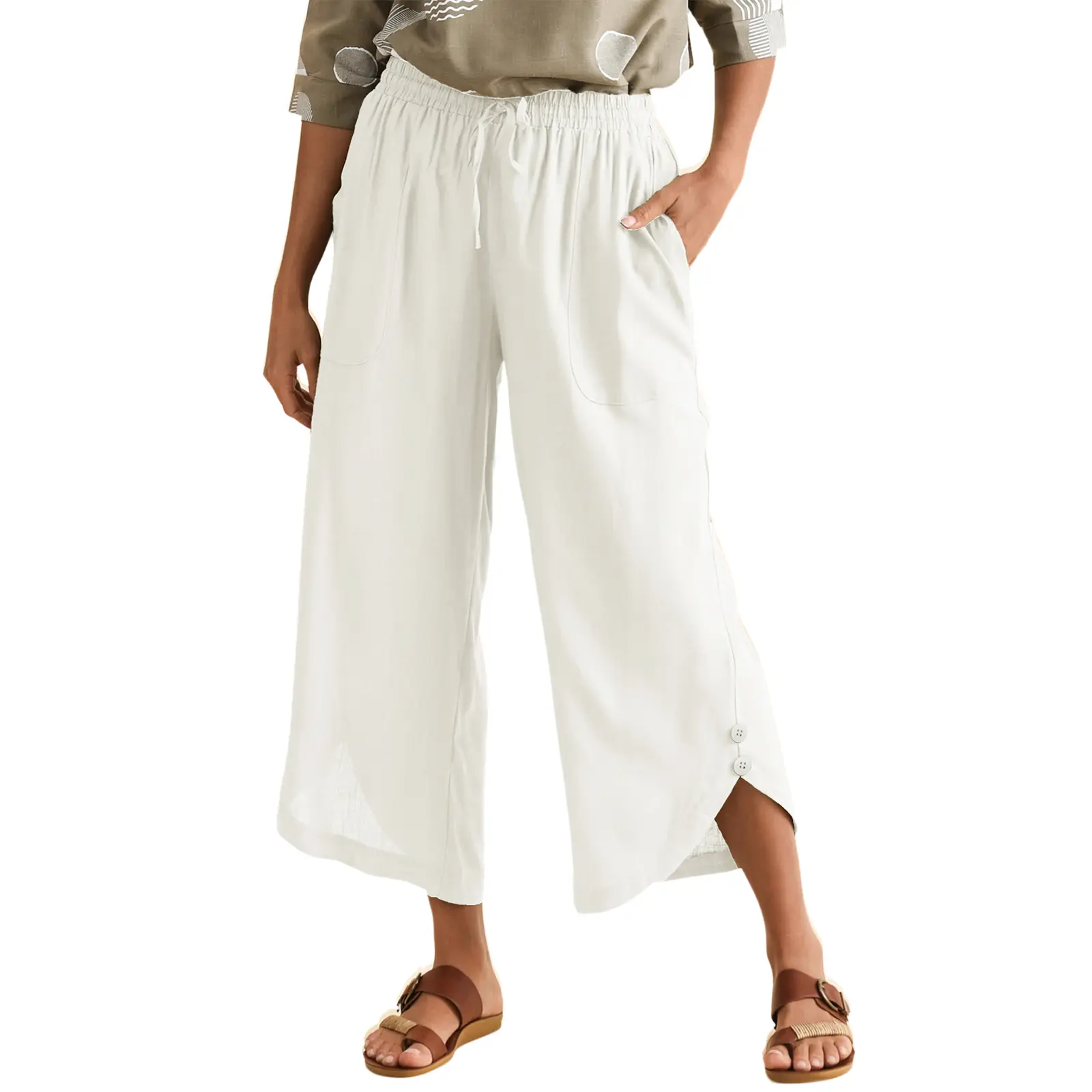 EVALESS Women's Casual Loose Fit Capri Pants, Solid Cotton Blend Summer Bottoms with Drawstring Waist, Pockets, and Button Hem, Capri Pants Women, Pants For Women