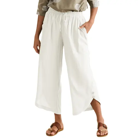 EVALESS Women's Fashion Basic High Waist Casual Loose Fit Capri Pants - Solid Cotton Blend Summer Bottoms with Drawstring Waist, Pockets, Button Hem, None Closure, Yoga-Jogging Ready