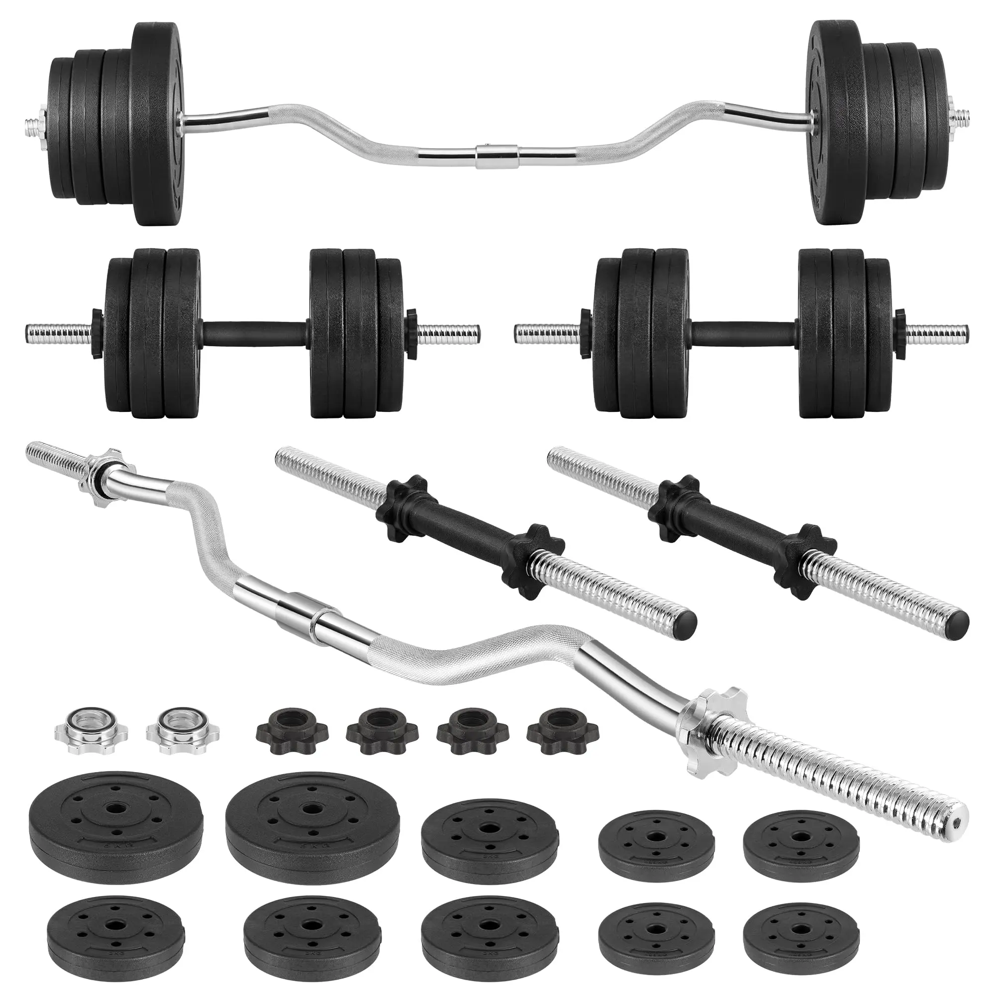 66LB 2-in-1 Adjustable Metal Dumbbell & Curling Barbell Set, Home Gym Equipment for Full Body Workout, Arm Strength Training & Bicep Curl Station Weight Lifting, Resistance Training