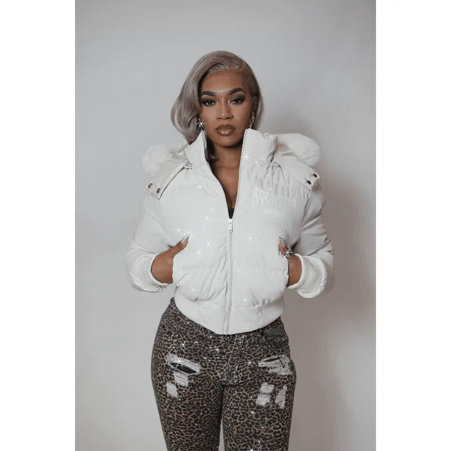 Gabrielle Beige Rhinestone Puffer Jacket With Fur Hood