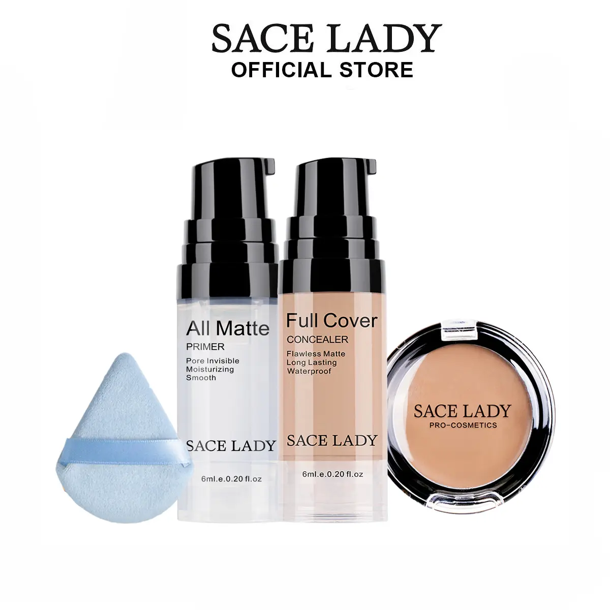 SACE LADY Waterproof Makeup Concealer & Cosmetic Set - Travel Size, Smooth Matte Full Coverage Creamy Eye Concealer, Primer Puff, Waterproof Foundation Corrector for Dark Circles, Spots, Acne Scars