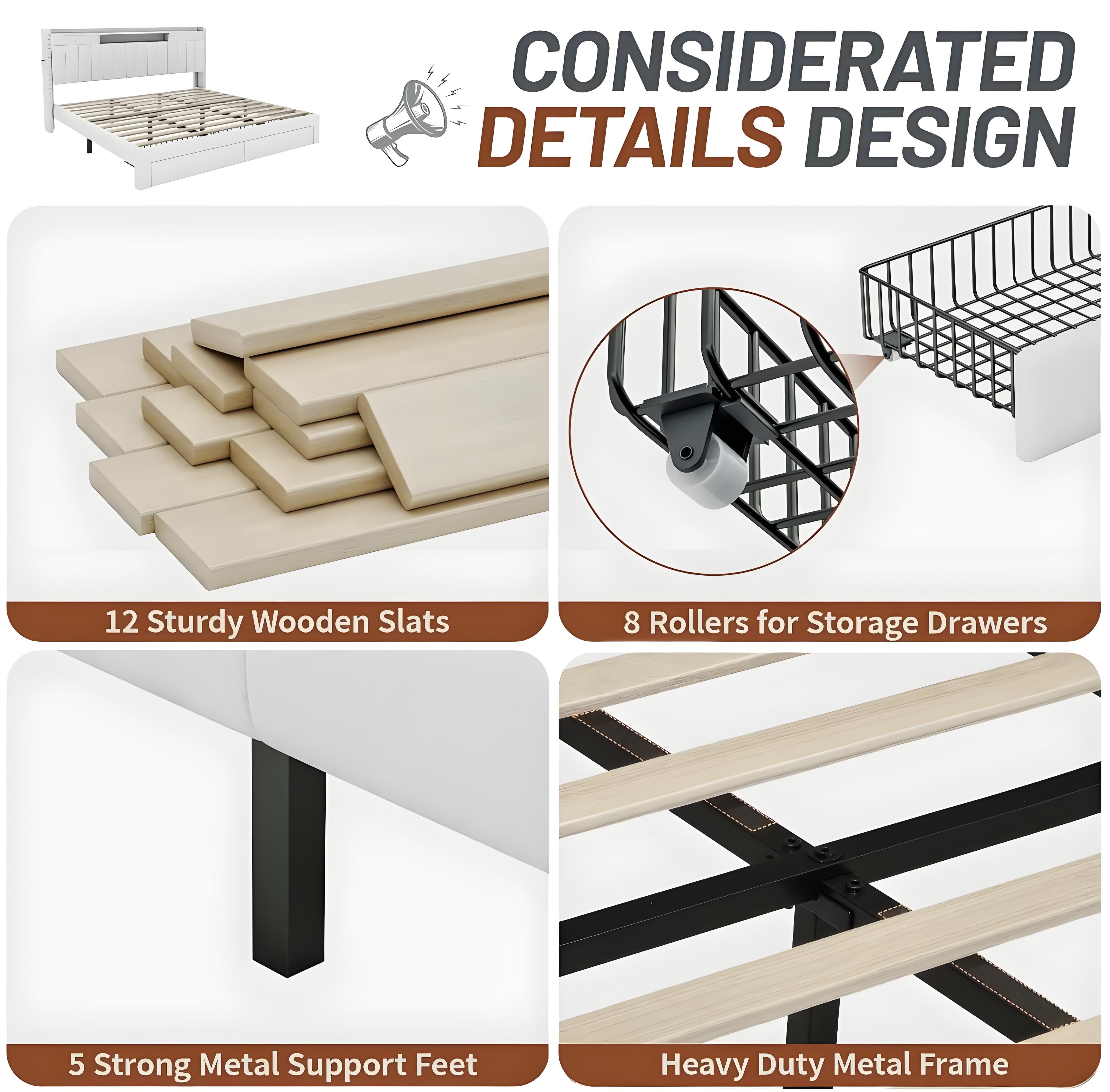 TryLazy Upholstered Flatform Bed Frame with 4 Storage Drawers No MATTRESS Queen Size Wood Slats Holds 900lbs No Noise Rivet Design USB Socket White